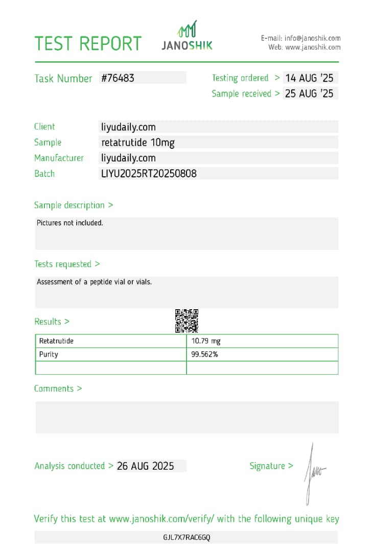 Janoshik Analytical Certificate of Analysis — Retatrutide 10 mg, batch LIYU2025RT20250808, task #76483
