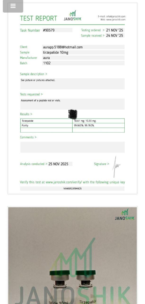 Janoshik Analytical Certificate of Analysis — Tirzepatide 10 mg, batch 1102, task #90579