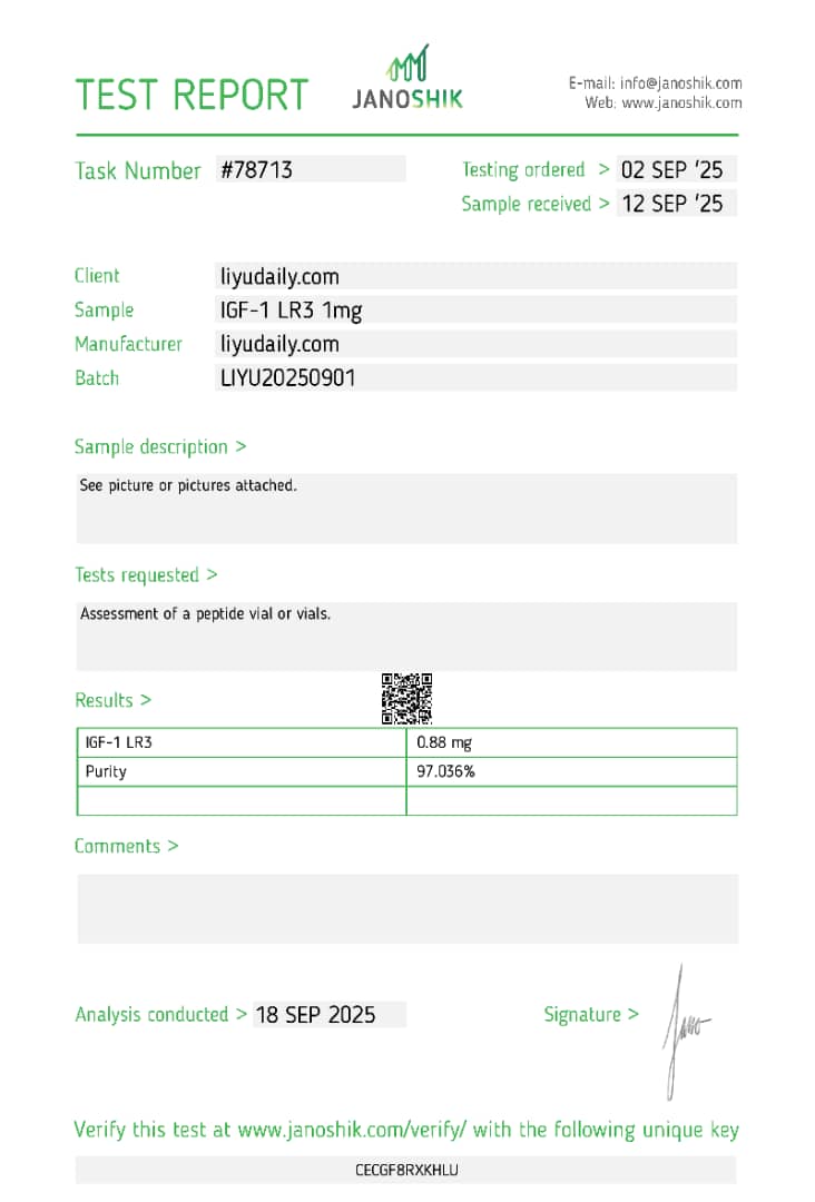 Janoshik Analytical Certificate of Analysis — IGF-1 LR3 1 mg, batch LIYU20250901, task #78713