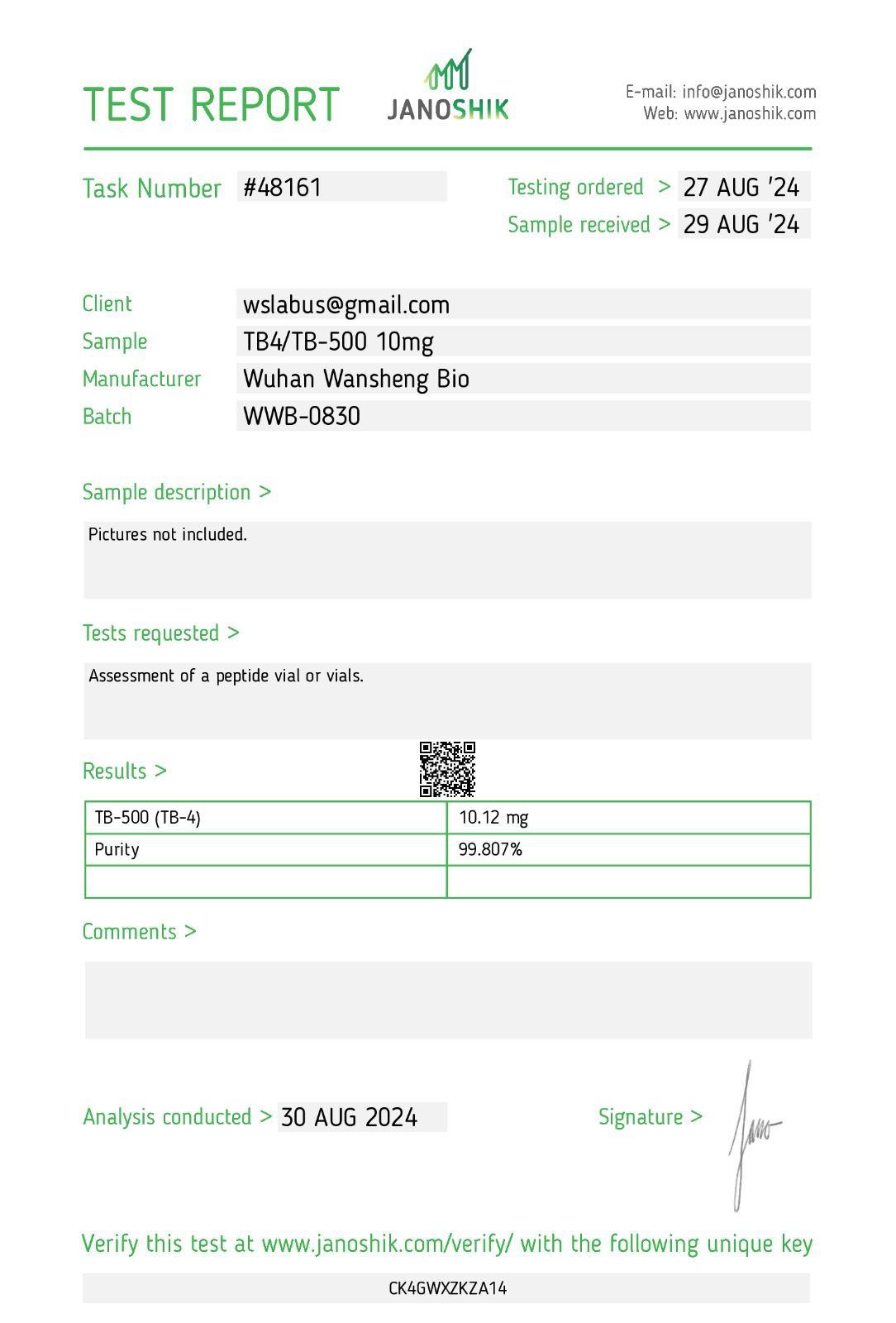 Janoshik Analytical Certificate of Analysis — TB-500 (TB-4) 10 mg, batch WWB-0830, task #48161