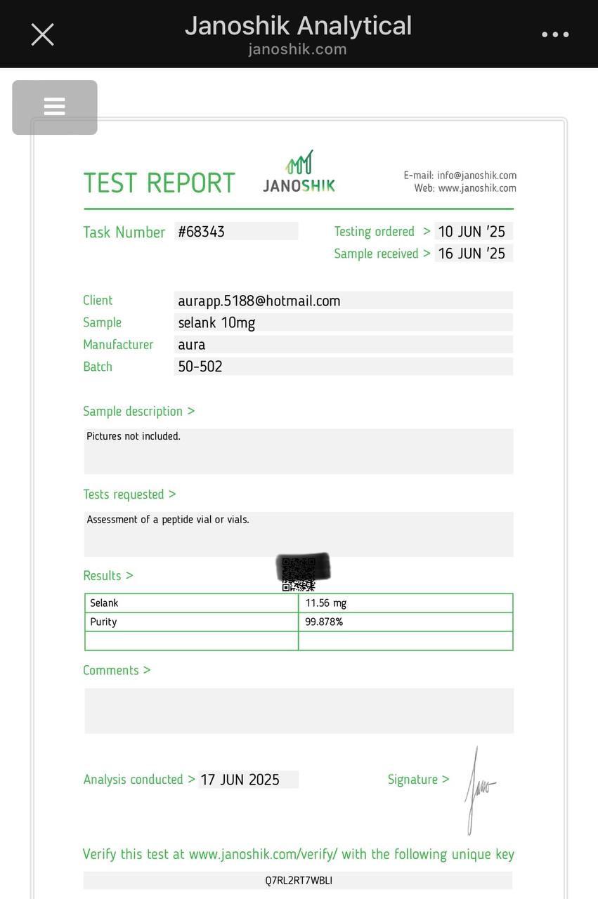 Janoshik Analytical Certificate of Analysis — Selank 10 mg, batch 50-502, task #68343