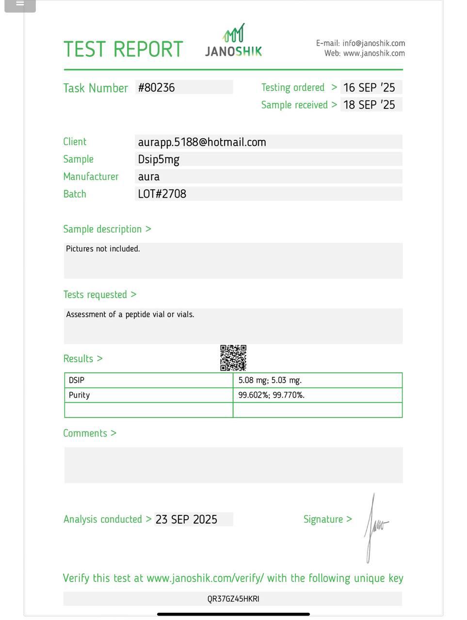 Janoshik Analytical Certificate of Analysis — DSIP 5 mg, batch LOT#2708, task #80236