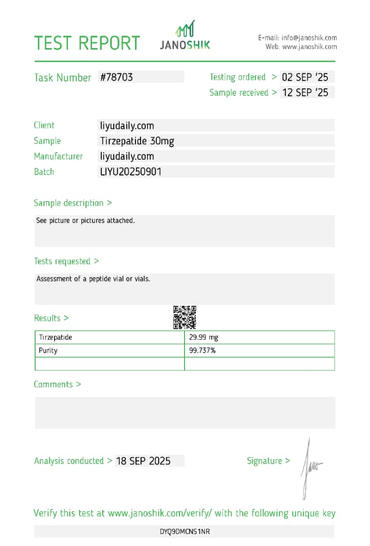 Janoshik Analytical Certificate of Analysis — Tirzepatide 30 mg, batch LIYU20250901, task #78703