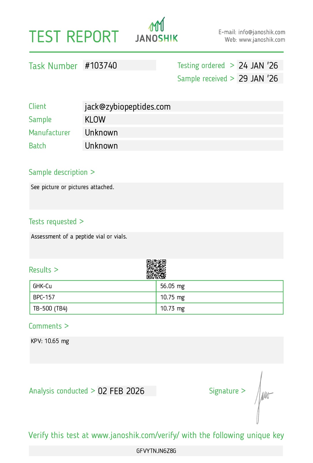 Janoshik Analytical Certificate of Analysis — KLOW 80 Blend (TB-500 / BPC-157 / GHK-Cu / KPV), batch KLOW-2026-01, task #103740