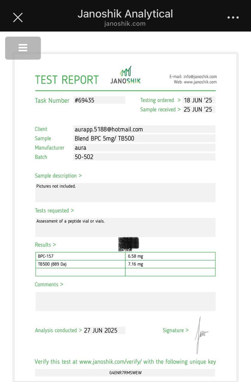Janoshik Analytical Certificate of Analysis — BPC-157 5 mg / TB-500 Blend, batch 50-502, task #69435