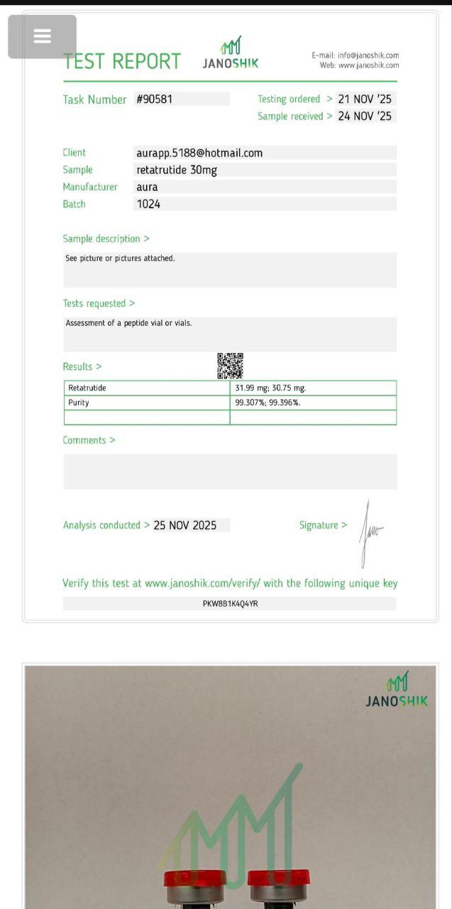Janoshik Analytical Certificate of Analysis — Retatrutide 30 mg, batch 1024, task #90581