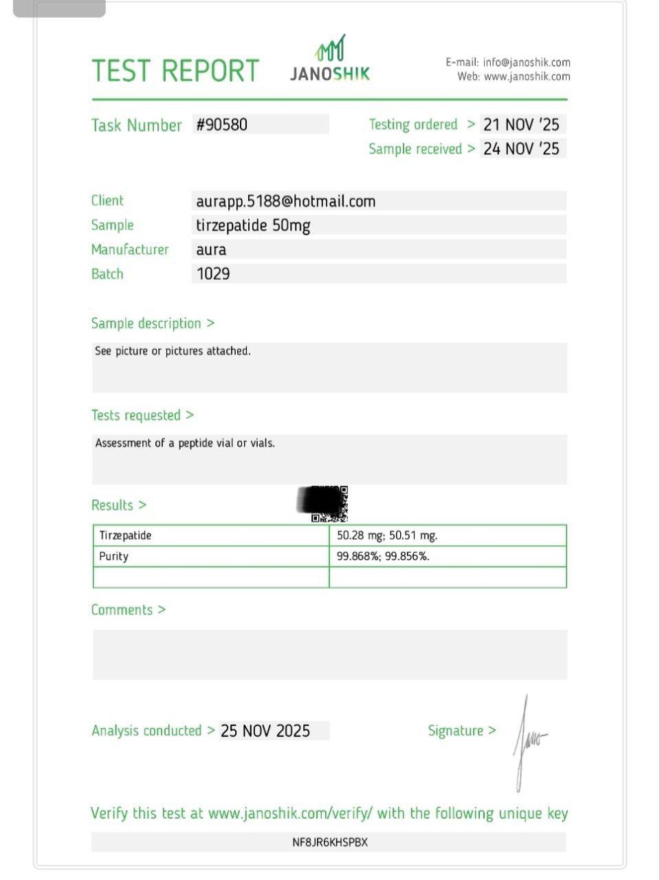 Janoshik Analytical Certificate of Analysis — Tirzepatide 50 mg, batch 1029, task #90580