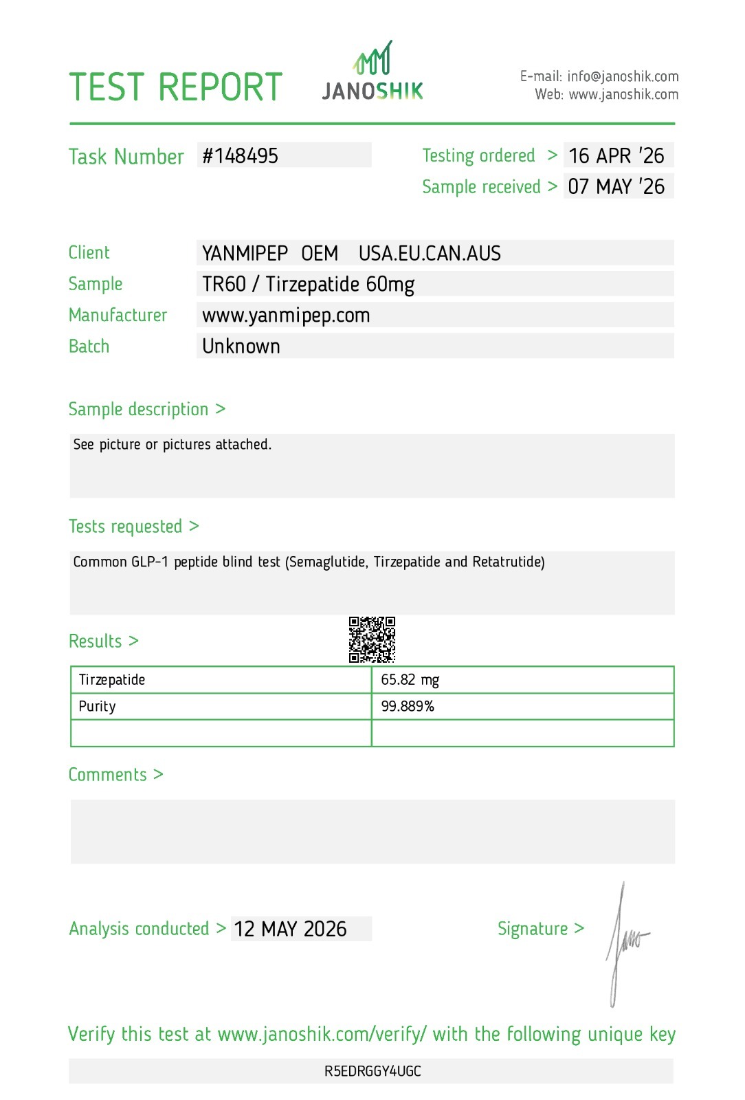 Janoshik Analytical Certificate of Analysis — Tirzepatide 60 mg, batch Unknown, task #148495