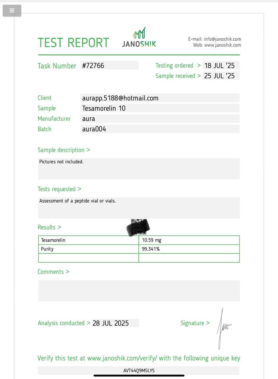 Janoshik Analytical Certificate of Analysis — Tesamorelin 10 mg, batch aura004, task #72766