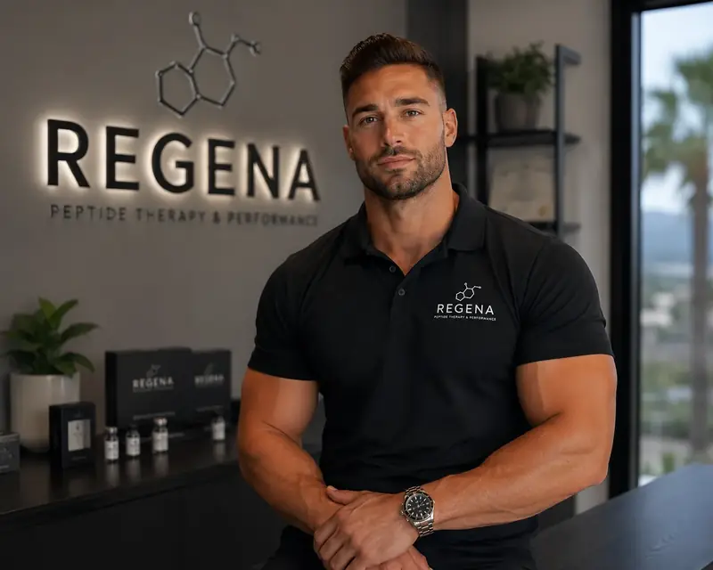 Regena Peptides founder portrait — 300+ lb transformation, Marbella