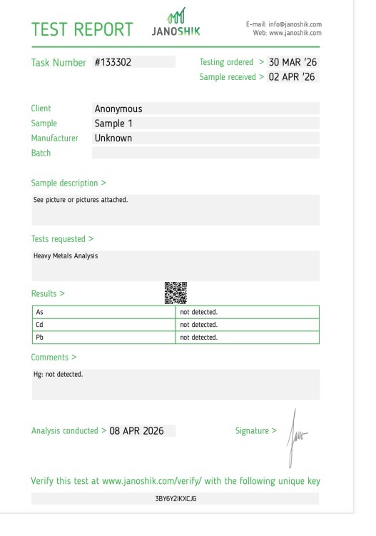 Janoshik Analytical Certificate of Analysis — Heavy Metals (As / Cd / Pb / Hg), batch Safety Panel, task #133302