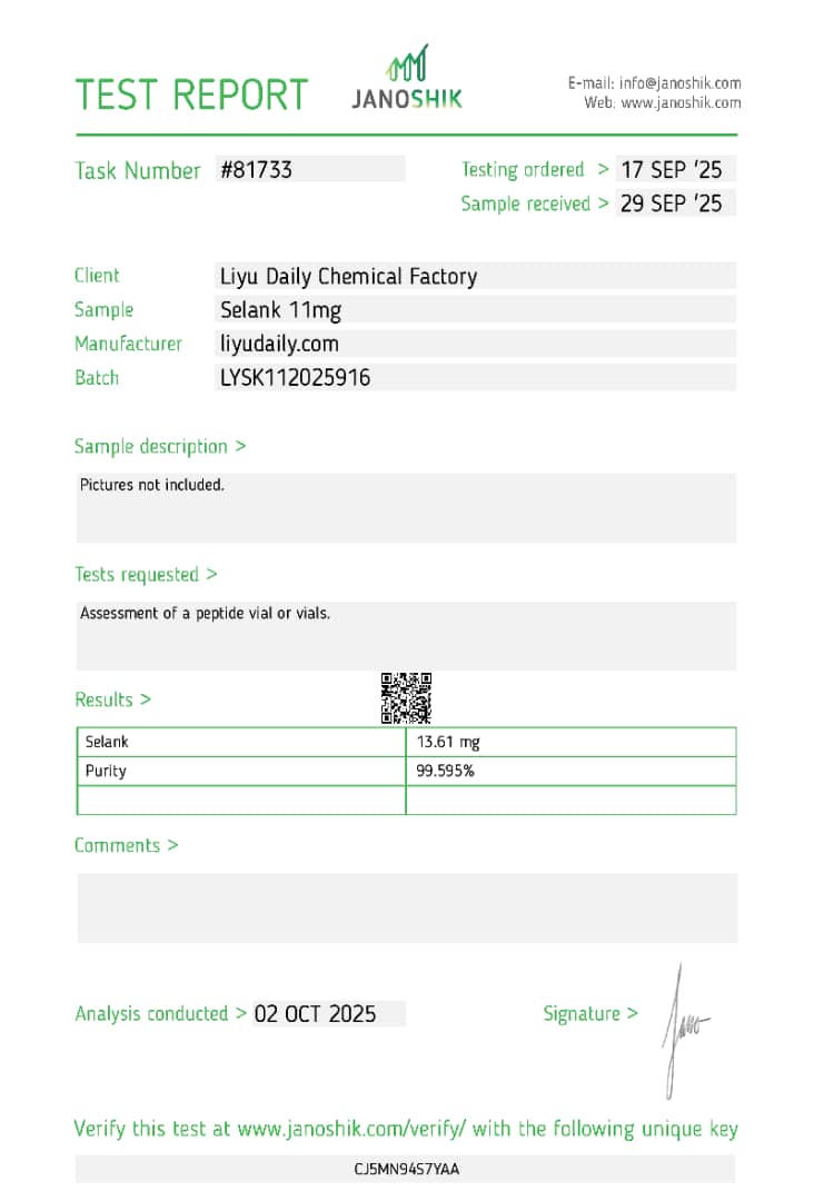 Janoshik Analytical Certificate of Analysis — Selank 11 mg, batch LYSK112025916, task #81733